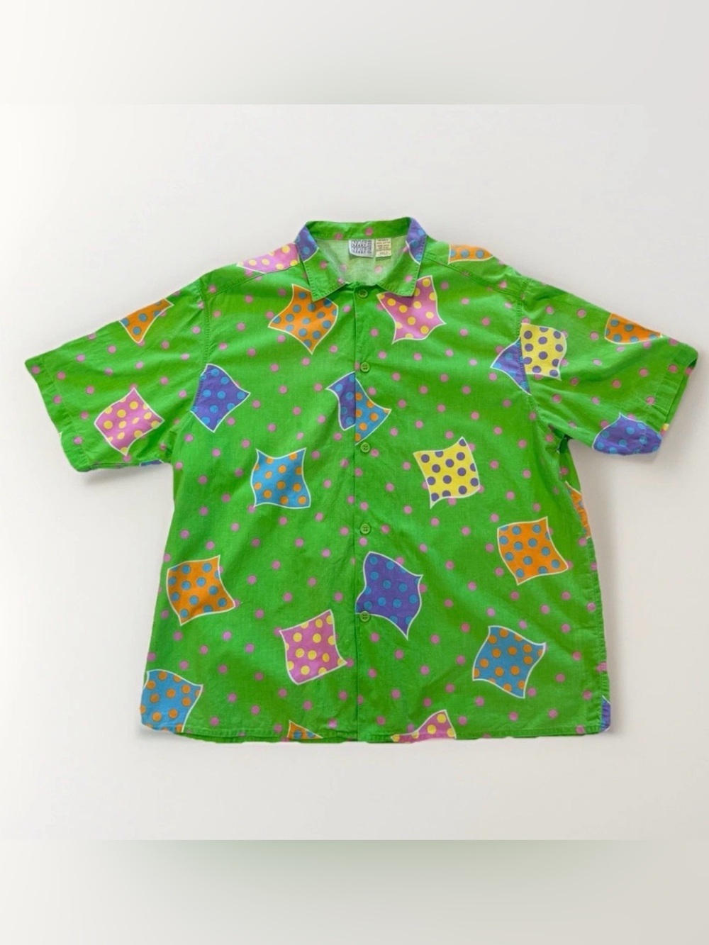 Vintage Naf Naf Paris Button Up Shirt Adult L One Sz Colorful 80s 90s Club Green